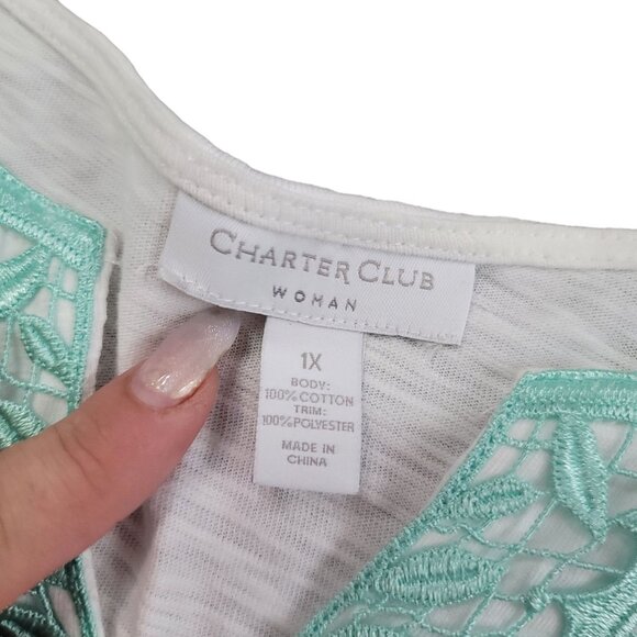 Charter Club NWT Women's 1X White & Mint Embroidered Top with lace vacation - Picture 3 of 5